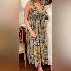 Free People Julianna Green Floral Maxi Dress - Chiffon, V Neck, Sleevelss- LARGE